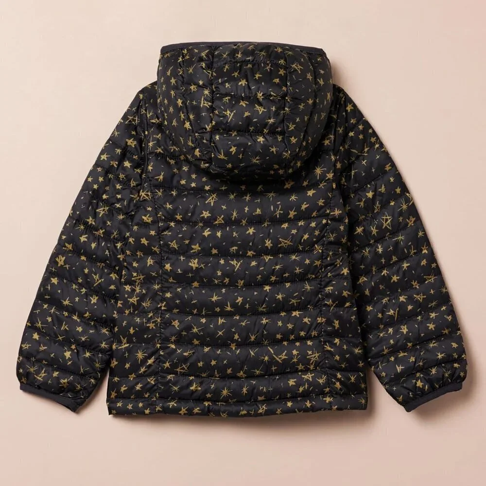 🆕Girls Black Stars Lightweight Water Resistant Hooded Puffer Jacket Winter Coat